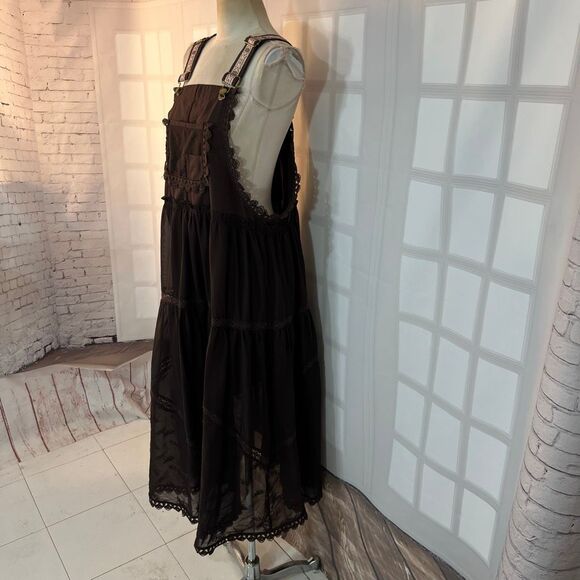 Utcoco Brown Embroidered Square Neck Tiered Maxi Jumper Apron Dress Medium - Picture 8 of 15